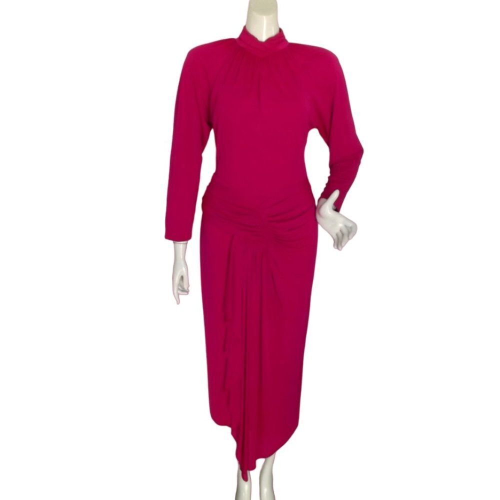 CASADEI Dress, 2, Bright Pink, High Collar, Longer sleeves, Asymmetrical Hem